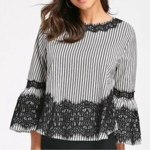 [L]Zara Black White Stripped Lace Cotton Bell Sleeve Blouse